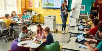 Future of Education: New Learning Models in US Schools by 2026 Students actively engaged in a modern, technology-rich classroom with flexible seating.