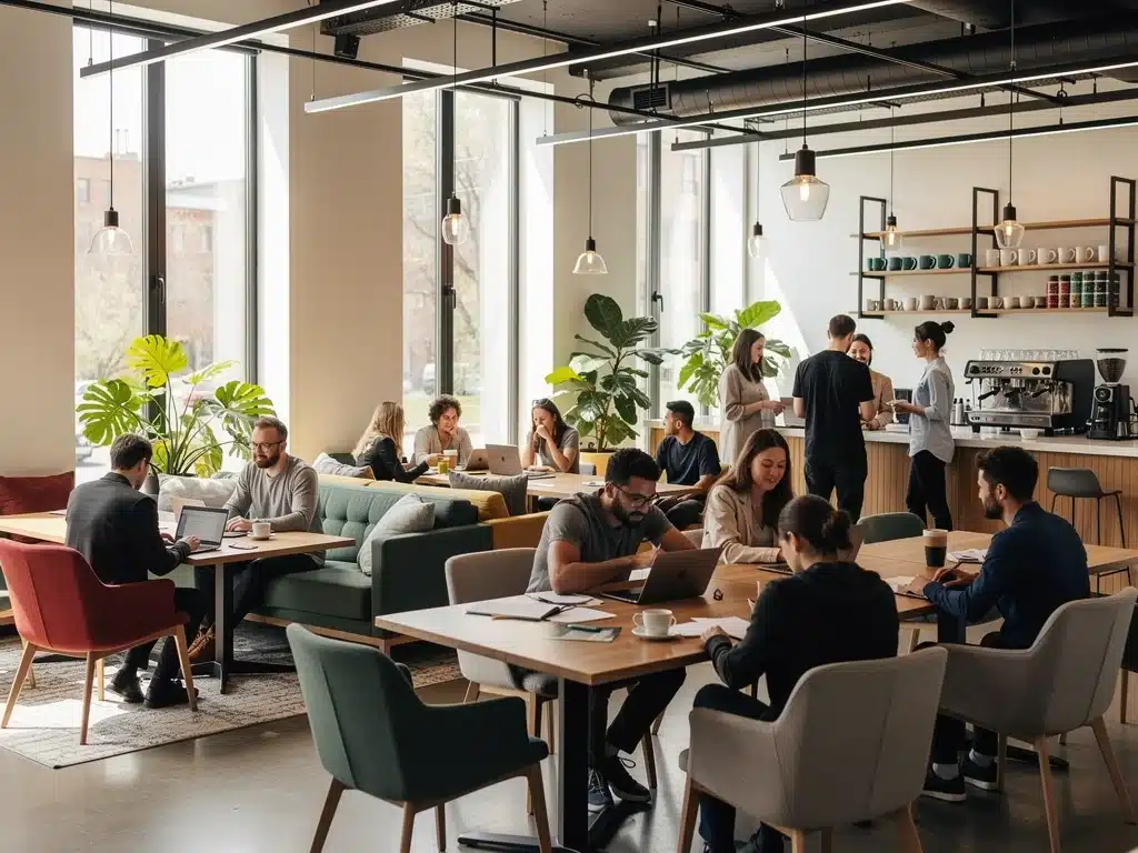 Professionals collaborating and networking in a modern co-working space