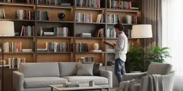 Modern home library with diverse books and comfortable reading nook