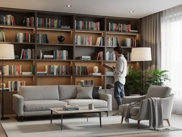Modern home library with diverse books and comfortable reading nook