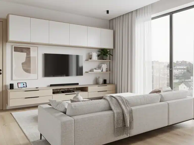 Modern living room with integrated smart organization systems for efficient home management