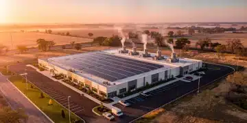 Modern U.S. data center with solar panels and efficient cooling systems