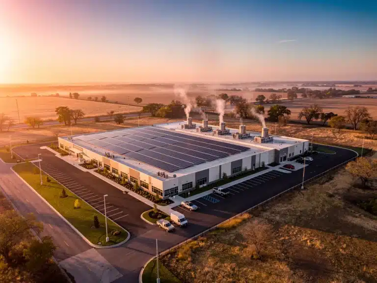 Modern U.S. data center with solar panels and efficient cooling systems