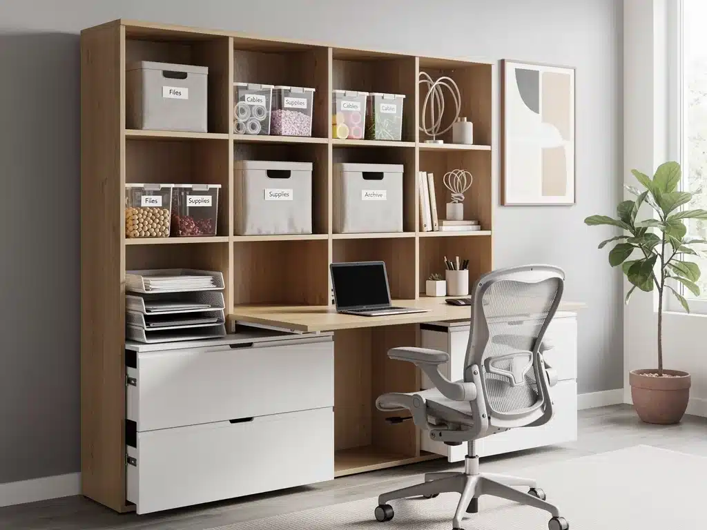 Modular shelving unit with labeled bins for efficient storage