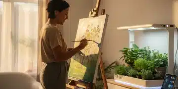 Developing New Hobbies in 2026: 10 Creative Ideas Person smiling while painting a canvas, surrounded by vibrant colors, symbolizing the joy of new hobbies in 2026.