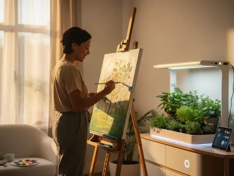Person smiling while painting a canvas, surrounded by vibrant colors, symbolizing the joy of new hobbies in 2026.