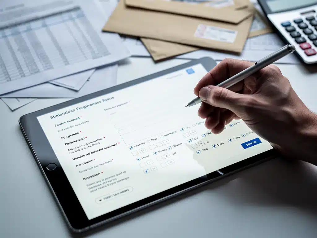 Person completing an online student loan forgiveness application