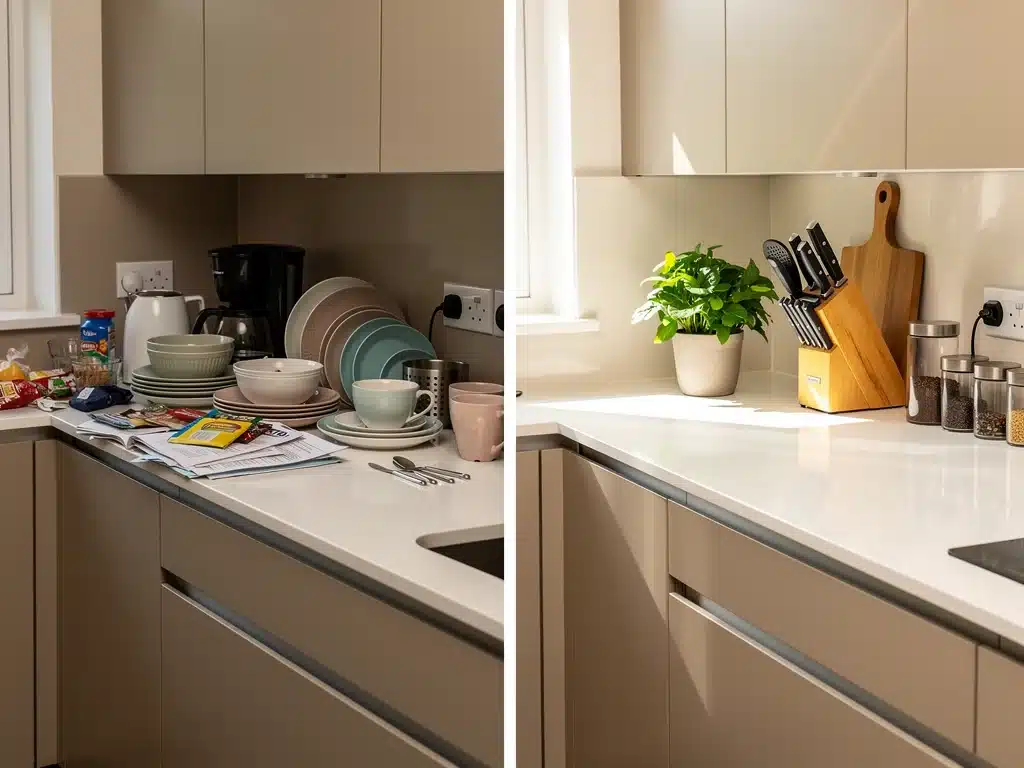 Clean and organized kitchen counter after decluttering.