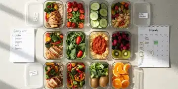 Organized meal prep station with healthy food containers and a grocery list on a kitchen counter.