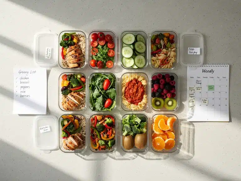 Organized meal prep station with healthy food containers and a grocery list on a kitchen counter.