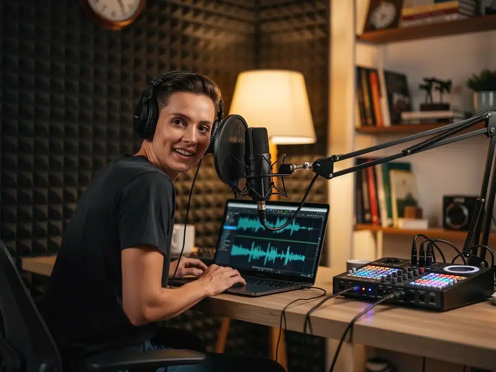Podcaster recording content at home studio