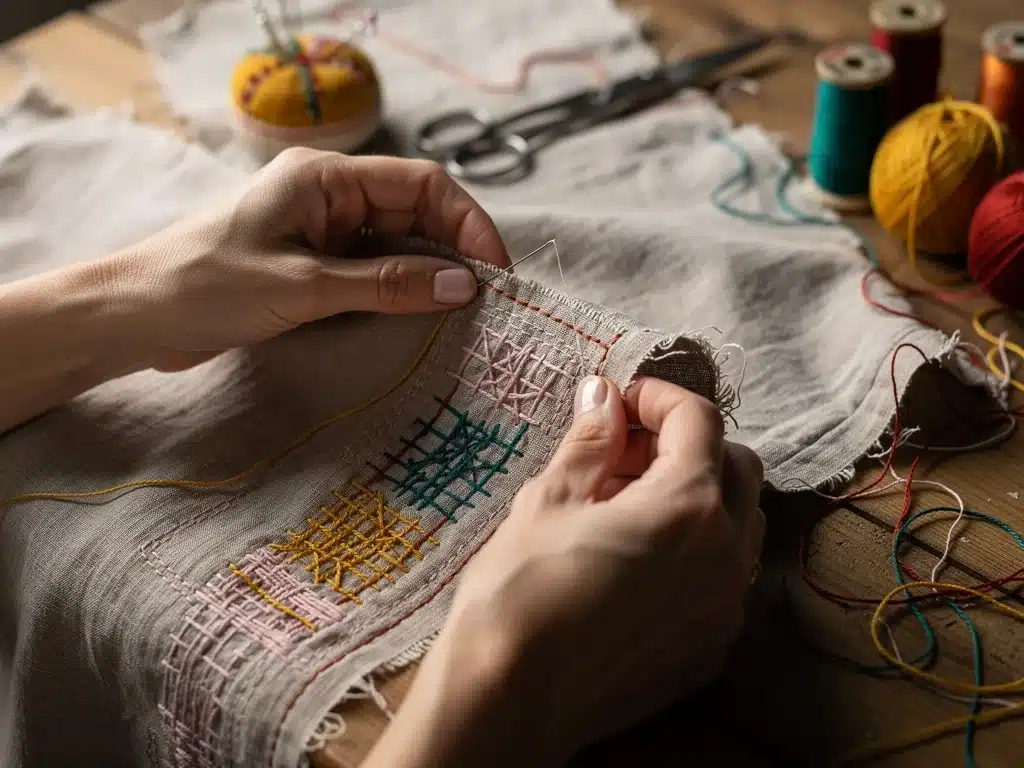 Hands mending a piece of clothing, symbolizing repair and extending garment life in sustainable fashion.