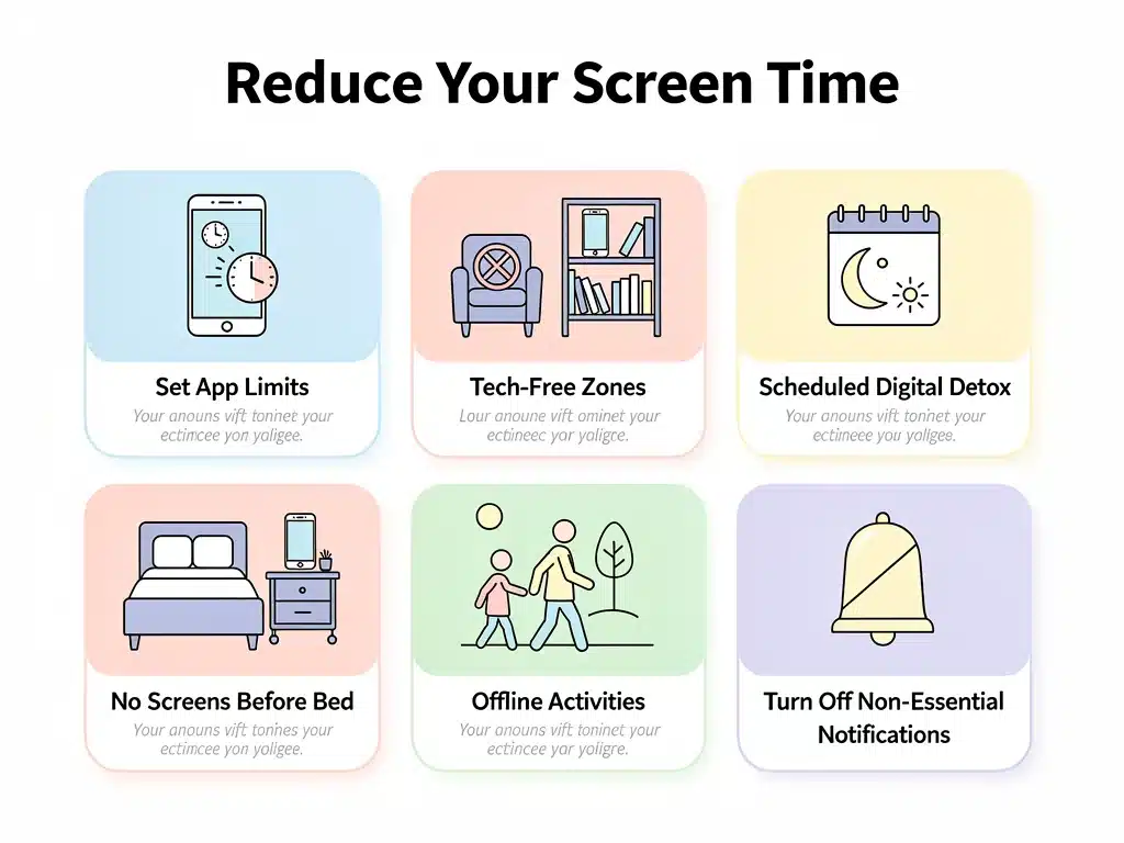 Infographic showing strategies for reducing screen time and improving digital habits