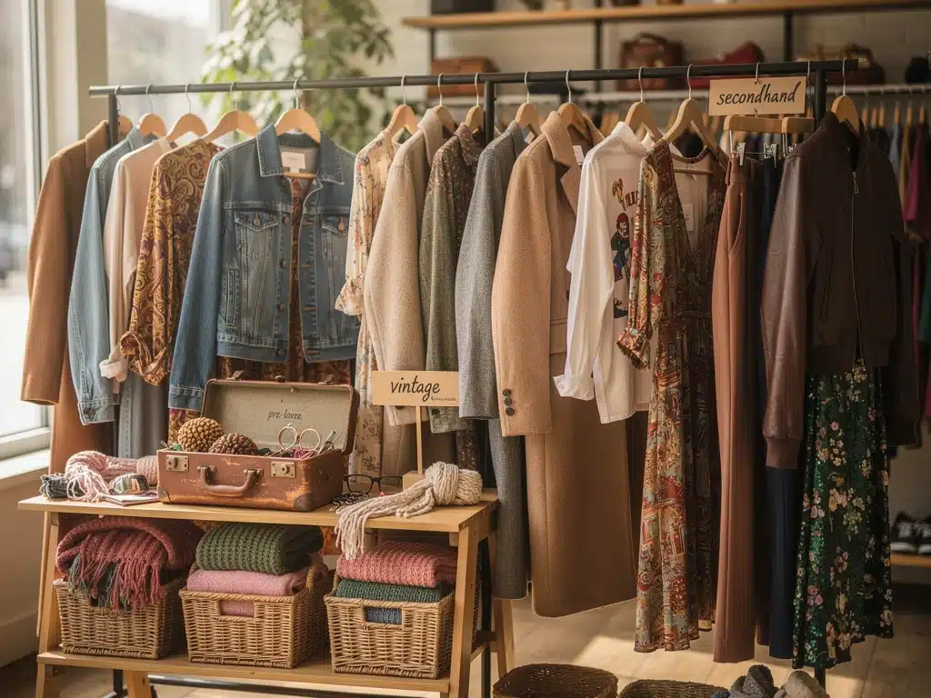 Neatly arranged secondhand and vintage clothing in a boutique, promoting circular fashion and conscious consumption.