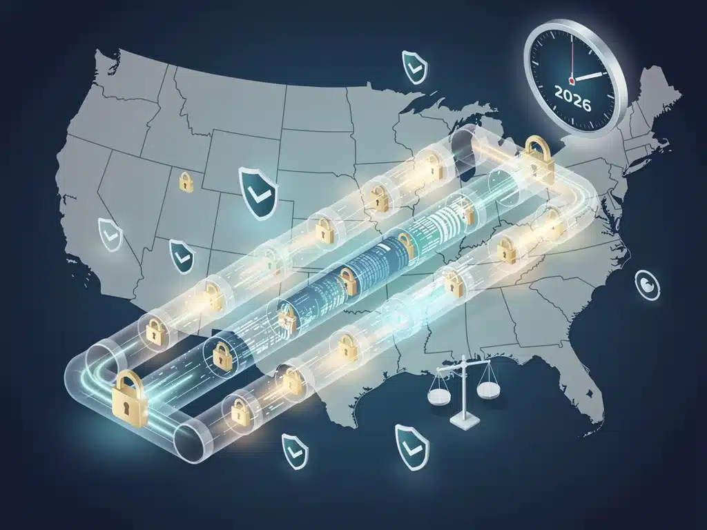 Secure data flow with privacy shields and ethical icons on a U.S. map, representing AI data governance.
