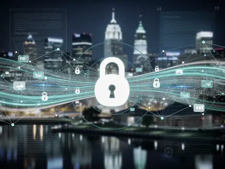 Secure digital data flowing through a network, symbolizing new federal privacy laws in 2026.