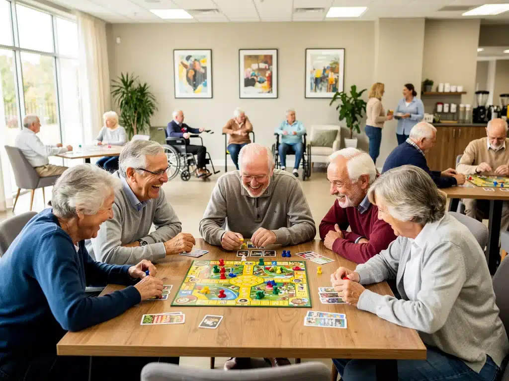 Older adults enjoying a board game at a community center, fostering social interaction