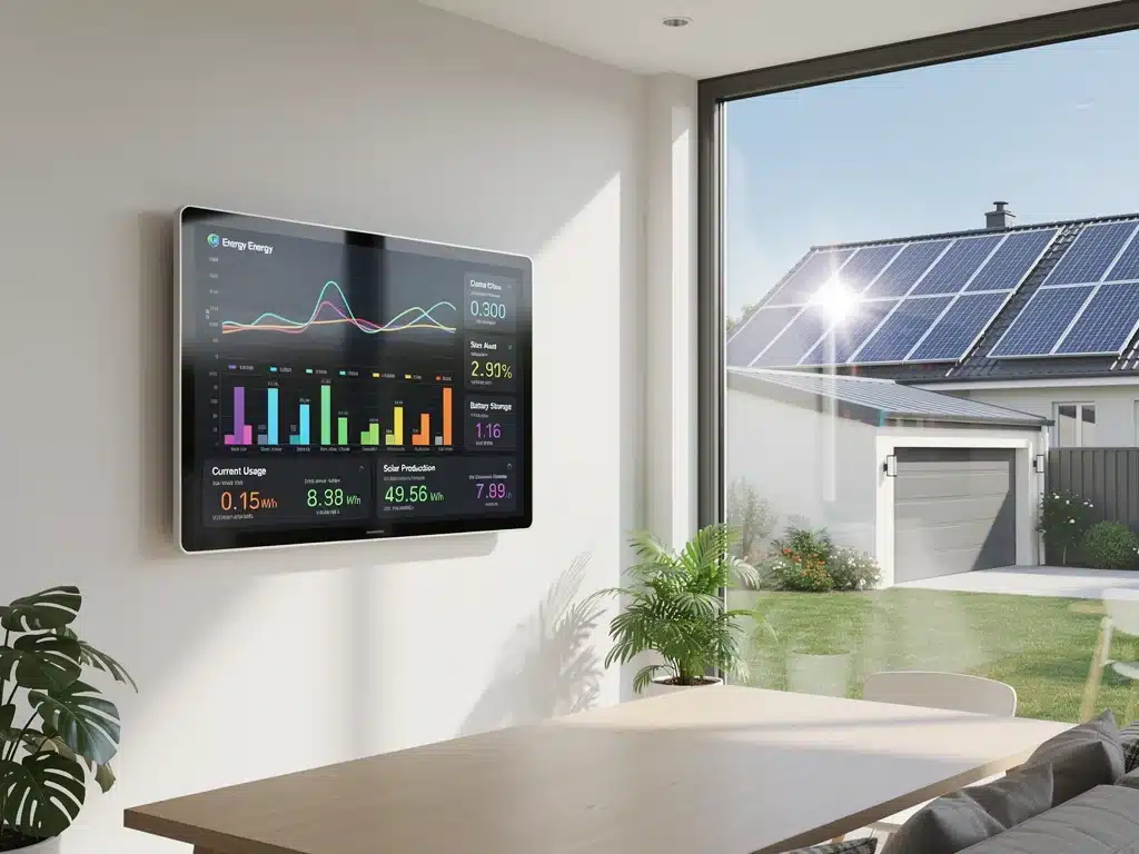 Smart home energy monitor displaying consumption with solar panels in background