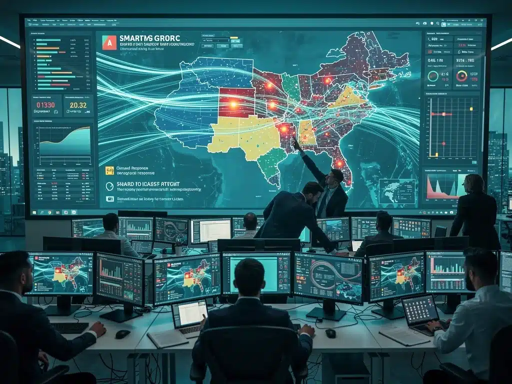 Engineers managing a smart grid from a high-tech control room