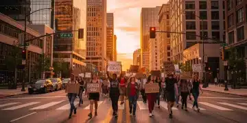 Diverse group marching for social justice in a US city