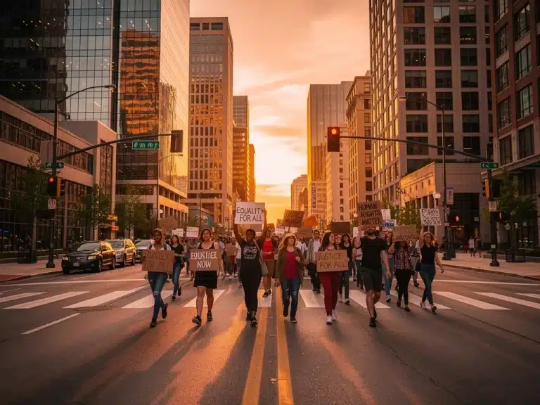 Diverse group marching for social justice in a US city