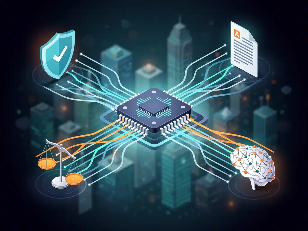 Data streams, AI moderation, and privacy icons illustrating social media regulation.