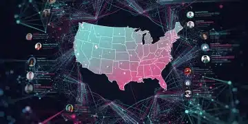 Digital network overlaying US map, symbolizing social media's influence on 2026 political discourse.