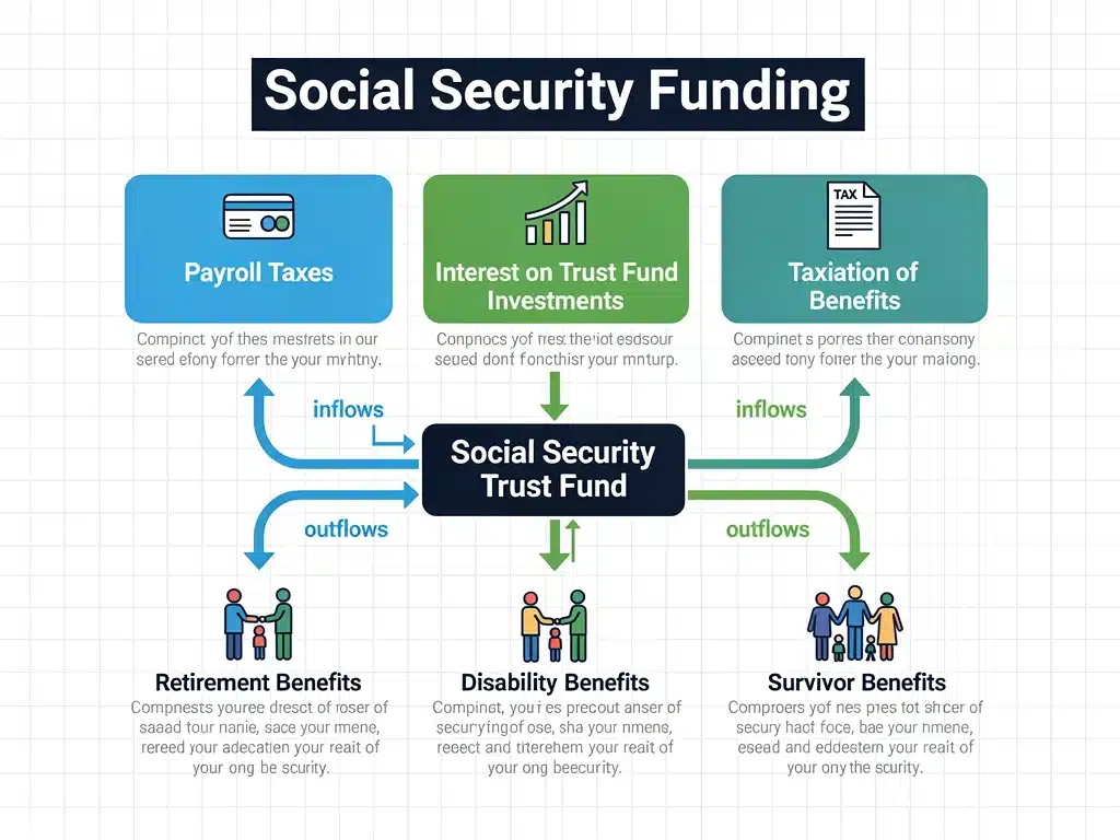 Infographic detailing Social Security funding sources and expenditures.