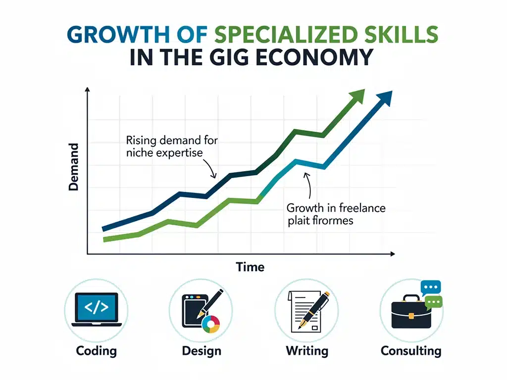 Infographic depicting rising demand for specialized skills in the gig economy, with growth charts and diverse skill icons.