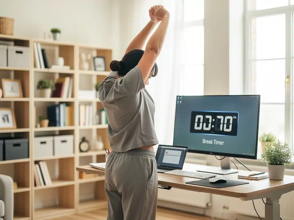 Person stretching at standing desk during a work break