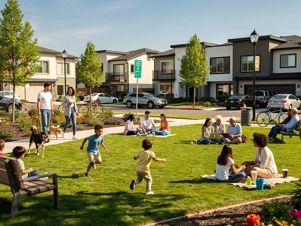 Diverse community enjoying a park in a growing suburban neighborhood, reflecting lifestyle changes.