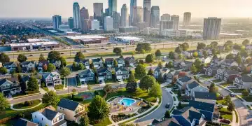 Modern suburban neighborhood with green spaces near a city skyline, illustrating demographic shifts.