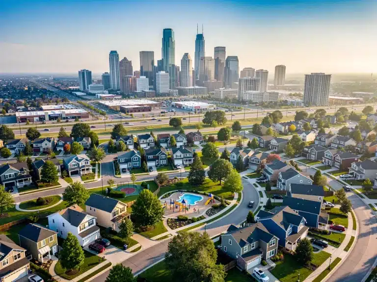 Modern suburban neighborhood with green spaces near a city skyline, illustrating demographic shifts.