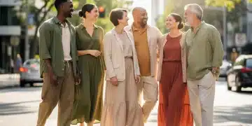 Diverse individuals wearing stylish sustainable fashion in an urban park, embodying eco-friendly choices for 2026.