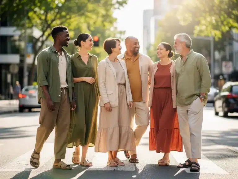Diverse individuals wearing stylish sustainable fashion in an urban park, embodying eco-friendly choices for 2026.