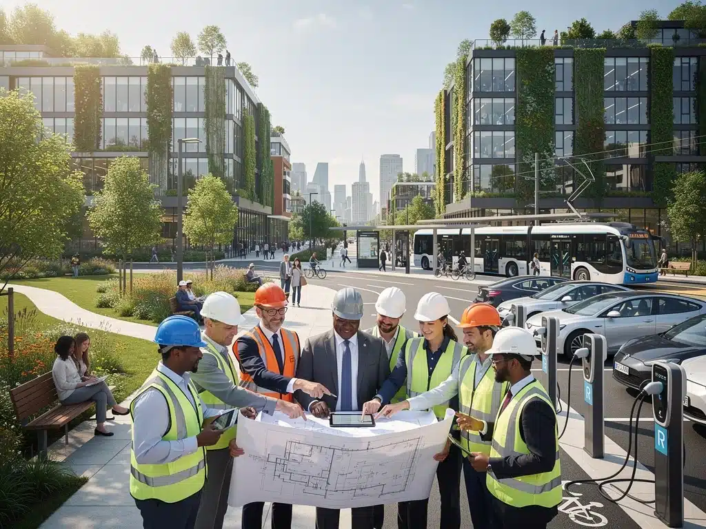 Diverse team collaborating on a sustainable urban development project.