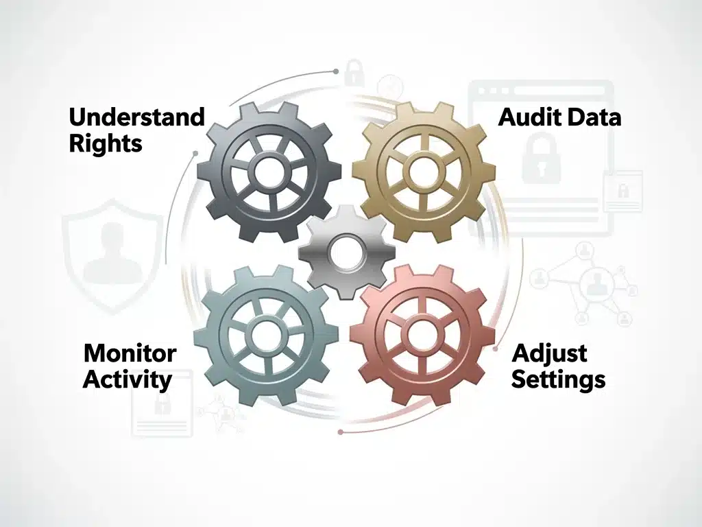 Interconnected gears illustrating a systematic 5-step guide for digital footprint protection.