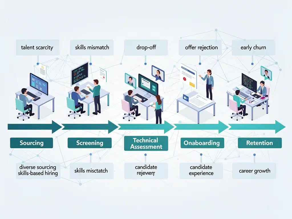 Diagram illustrating a complex tech talent pipeline, from recruitment to retention.