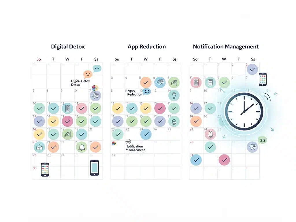 3-month calendar plan for digital declutter showing progress and time-saving goals.