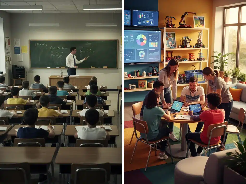 Contrast between traditional and innovative classroom environments in education.
