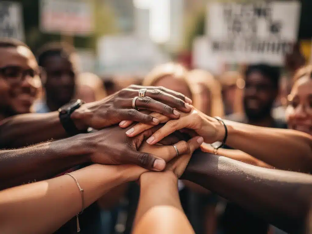 Hands united symbolizing social justice solidarity