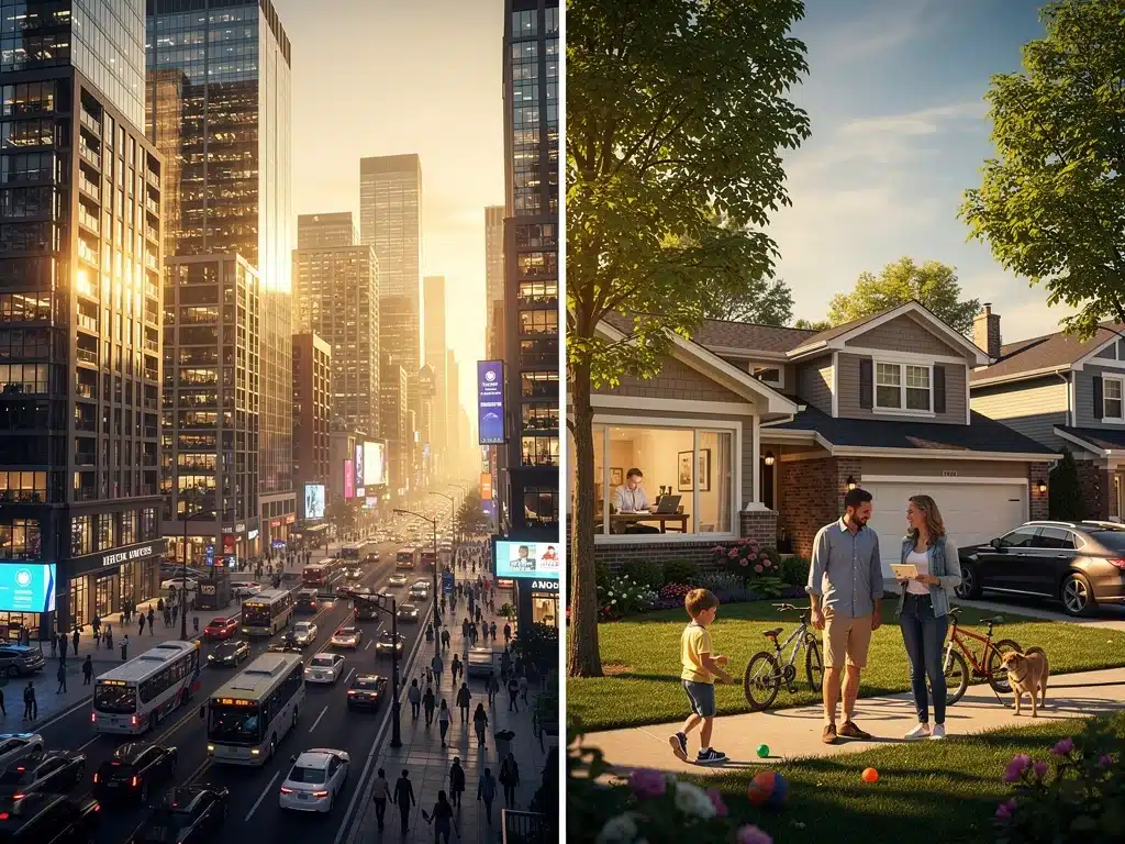 Urban and suburban landscapes contrasting social implications of remote work.