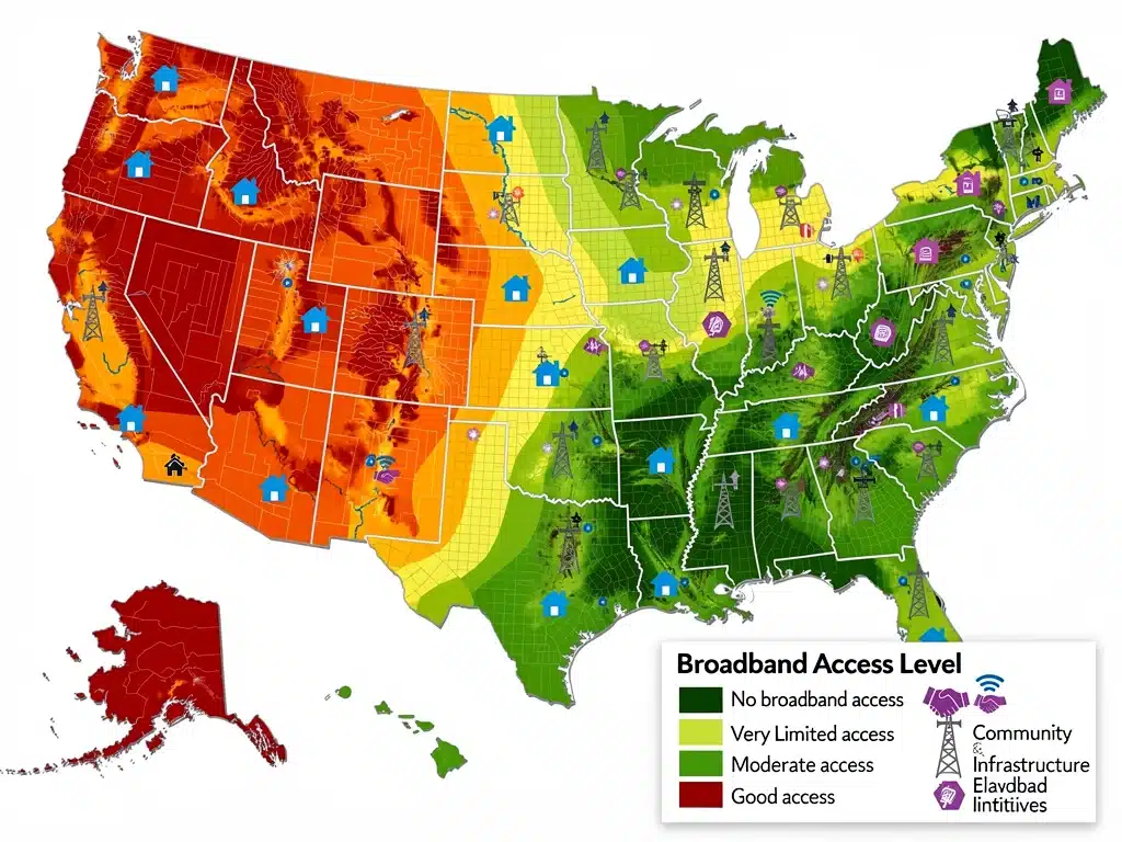 Map showing US broadband access gaps and community initiatives