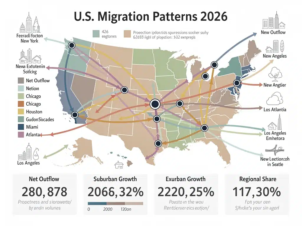Infographic detailing US migration patterns from urban to suburban areas, 2026 projections.