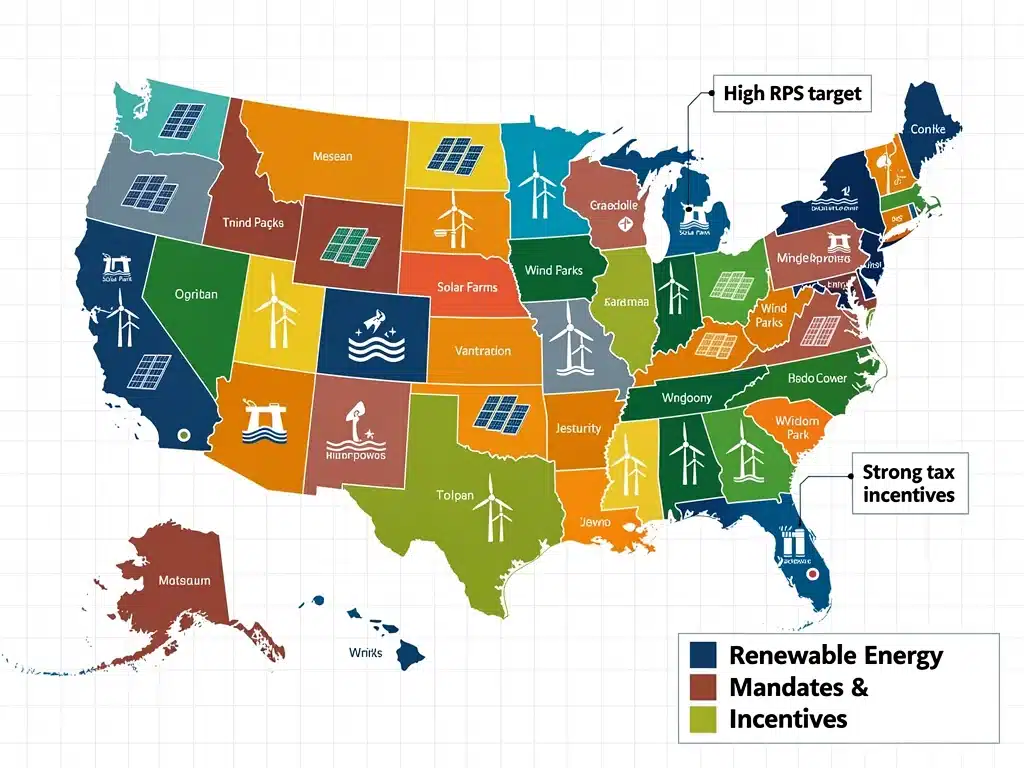 Map of US states showing diverse renewable energy policies and installations