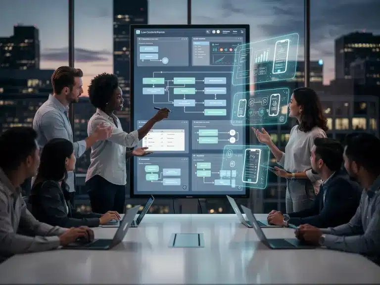 U.S. team rapidly prototyping with low-code platform in a modern office setting