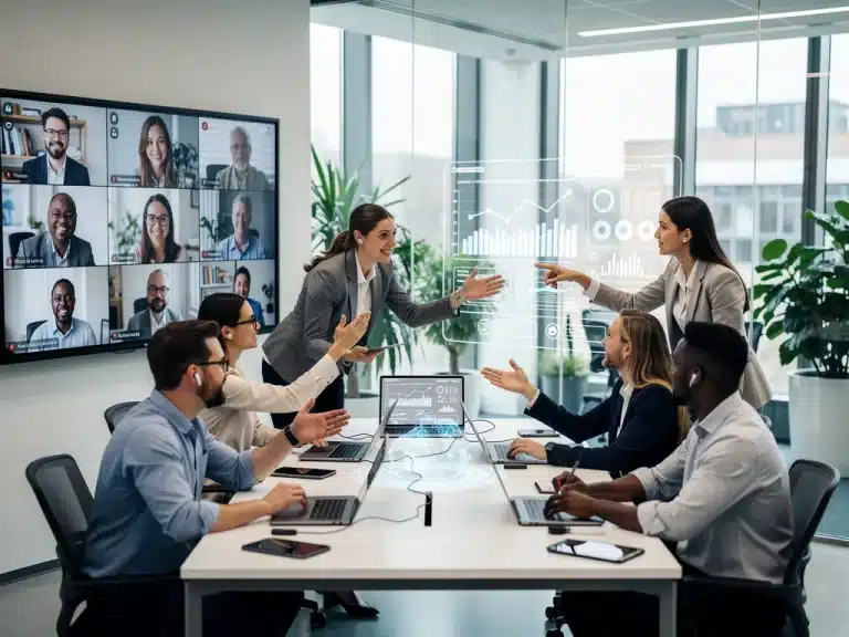 U.S. tech professionals collaborating in a modern hybrid work setup
