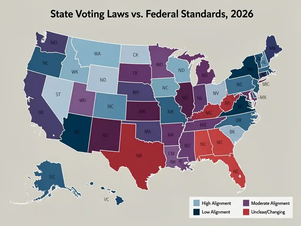 Map of US states with varied highlights showing diverse voting laws and federal divergence.