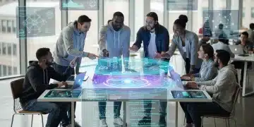 U.S. developers collaborating on Web3 architecture on a holographic display in 2026