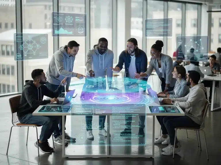 U.S. developers collaborating on Web3 architecture on a holographic display in 2026